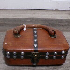 Vintage Handmade Wooden Box Chest British Hong Kong Small Purse 8x5 Studded GUC!